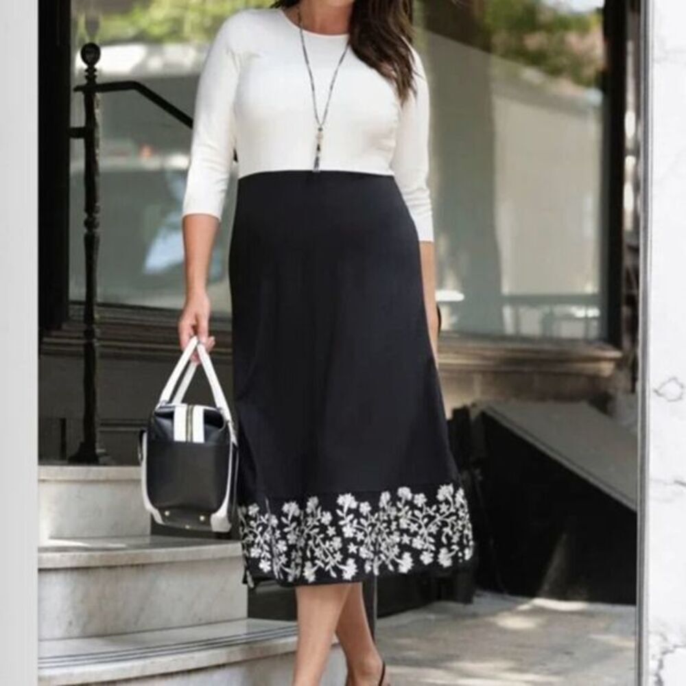 NEW J.Jill by Christian Siriano Ponte Knit Embroidered black and white Dress, M